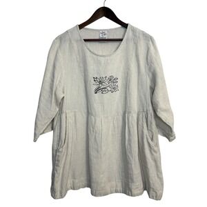 Match Point linen top womens medium neutral floral lagenlook prairie pockets USA